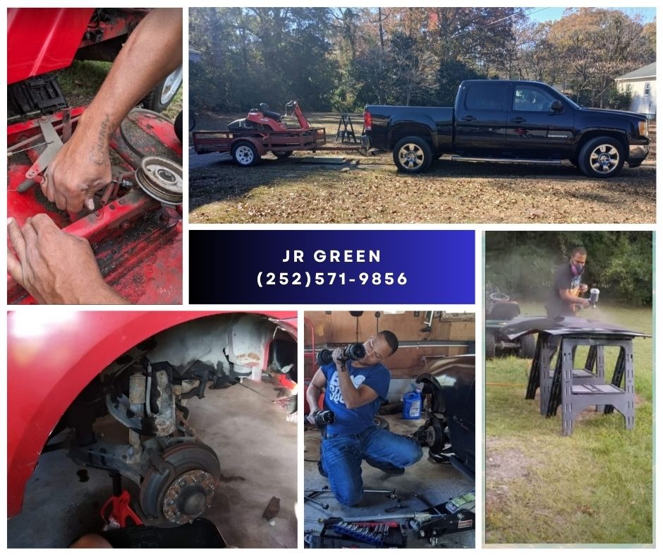 Collage of various jobs including painting a car, fixing car brakes, and fixing a mower deck.